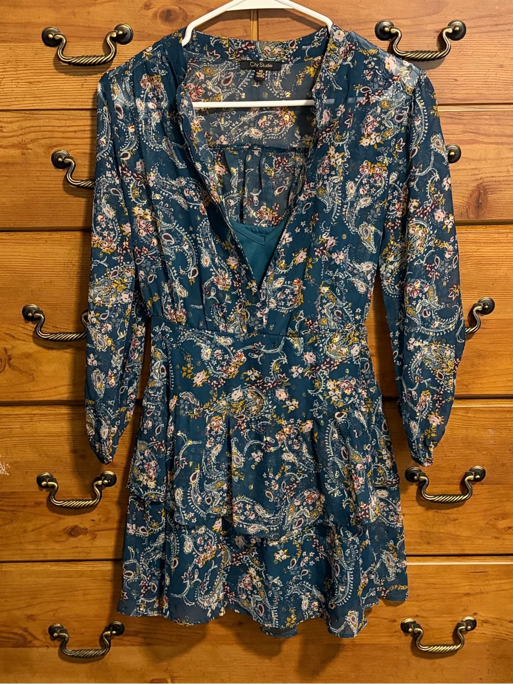 City Studio Teal Paisley Floral Long-Sleeve Tiered Dress